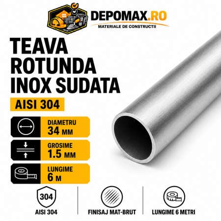 Teava rotunda inox sudata AISI 304, 34 x 1.5 mm, 6 metri